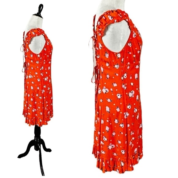 Free People Like A Lady Linen Mini Dress in Orange  Medium Fruit Ruffles Picnic - Picture 10 of 17